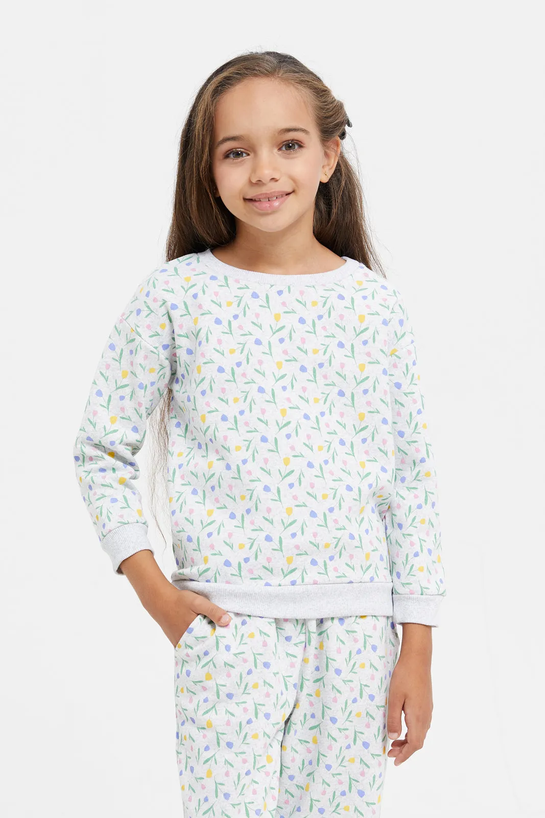 Girls Ecru Printed Pyjama Set (2 Piece)