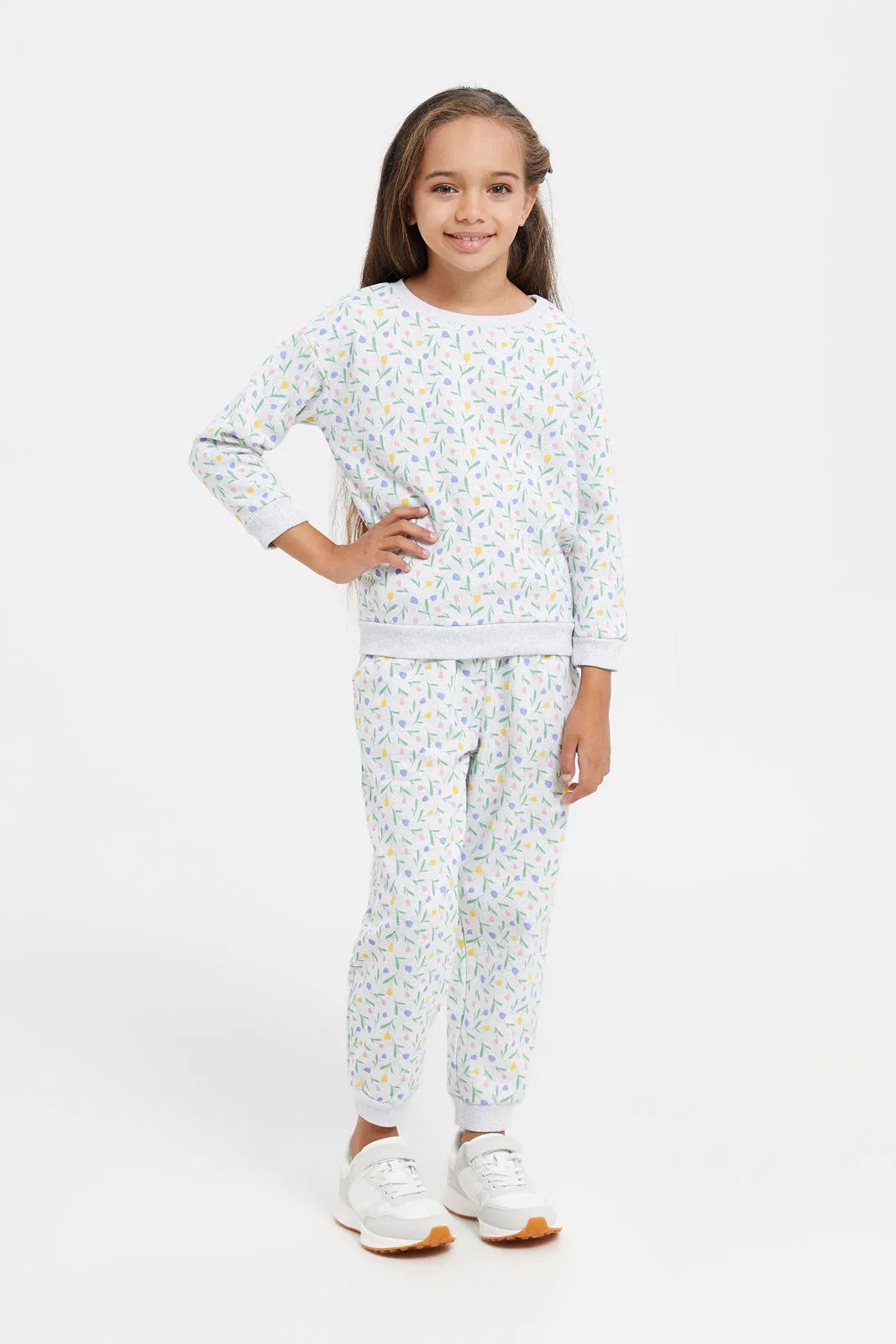 Girls Ecru Printed Pyjama Set (2 Piece)