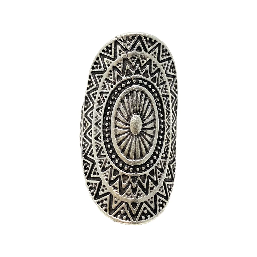 Kayi Halime Tribal Turkish Zamak Vintage Womens Embossed Statement Cocktail Oval Adjustable Ring Size 6.5 to 8.5 - Boho Chic Fashion - Duel On Jewel