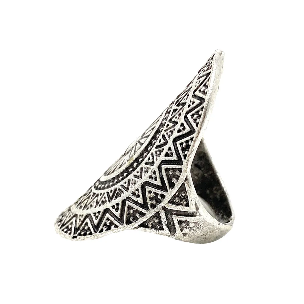 Kayi Halime Tribal Turkish Zamak Vintage Womens Embossed Statement Cocktail Oval Adjustable Ring Size 6.5 to 8.5 - Boho Chic Fashion - Duel On Jewel