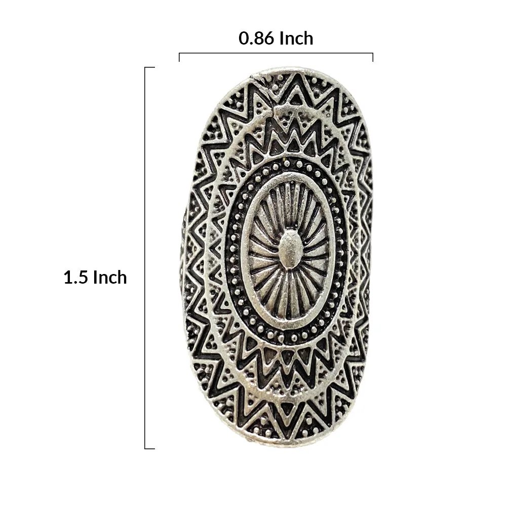 Kayi Halime Tribal Turkish Zamak Vintage Womens Embossed Statement Cocktail Oval Adjustable Ring Size 6.5 to 8.5 - Boho Chic Fashion - Duel On Jewel