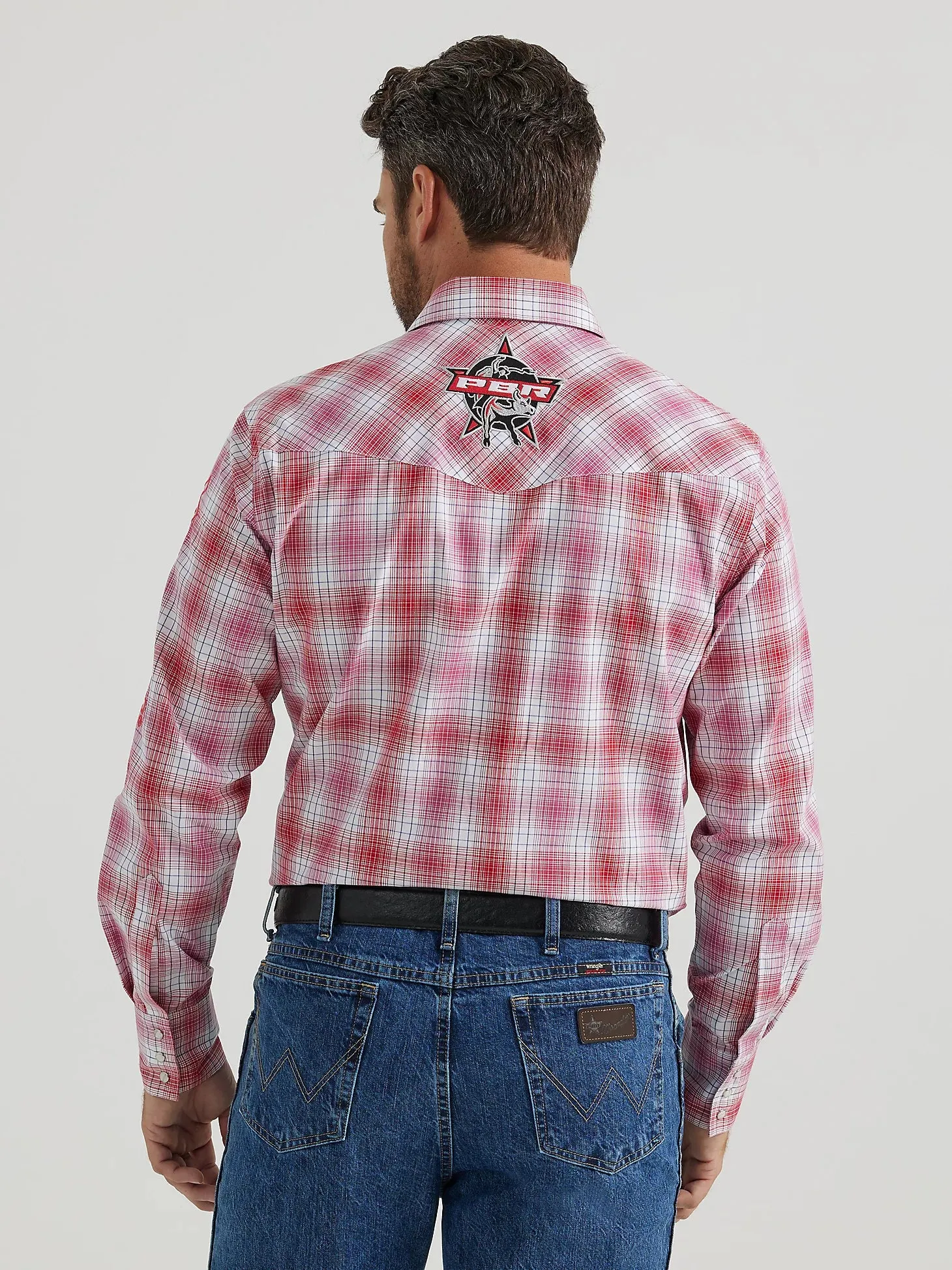 Men's Wrangler PBR Logo Plaid Long Sleeve Snap Shirt