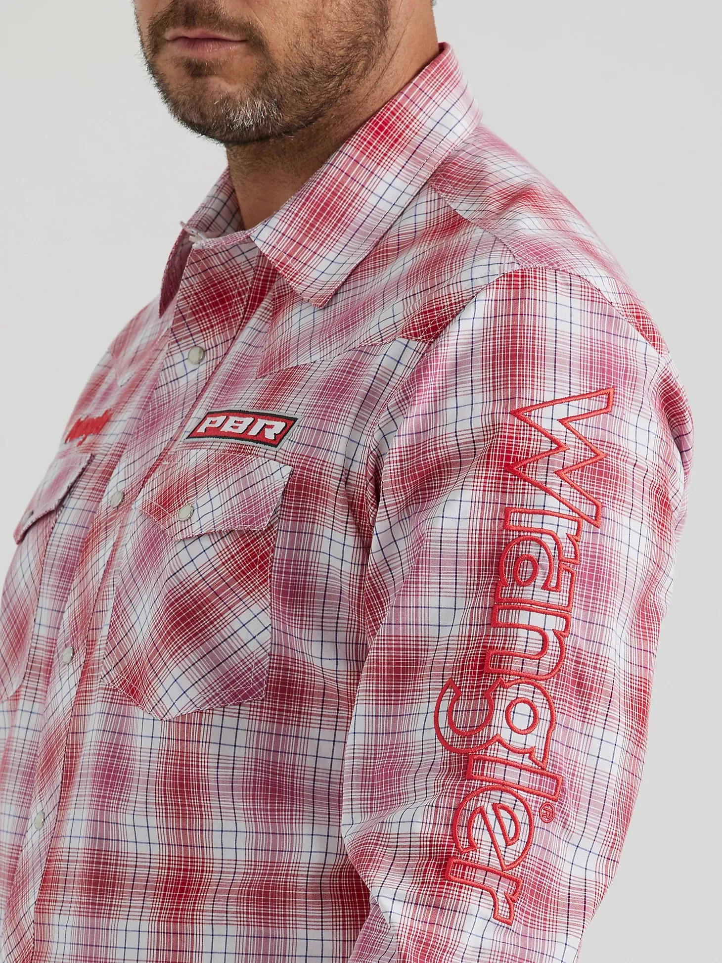 Men's Wrangler PBR Logo Plaid Long Sleeve Snap Shirt