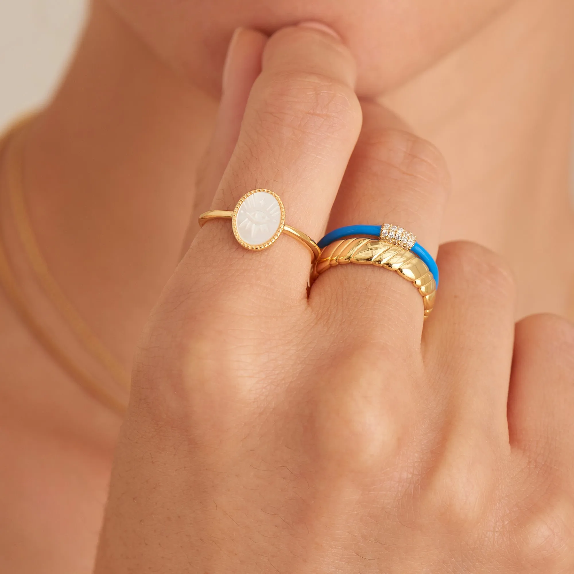 Neon Blue Enamel Carabiner Gold Adjustable Ring