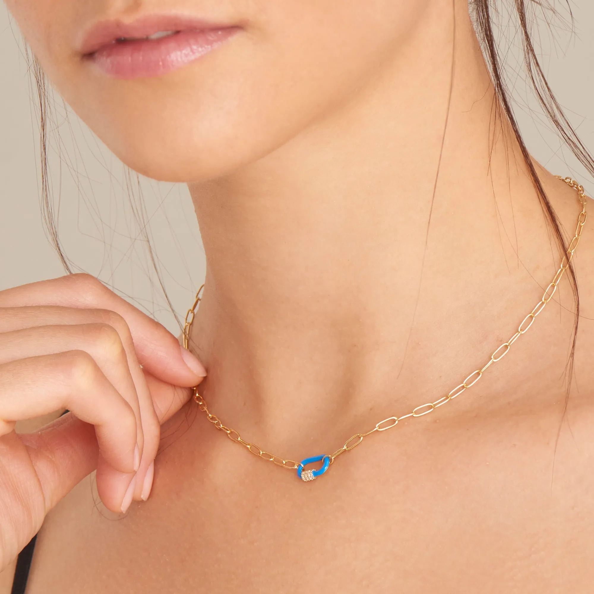 Neon Blue Enamel Carabiner Gold Necklace