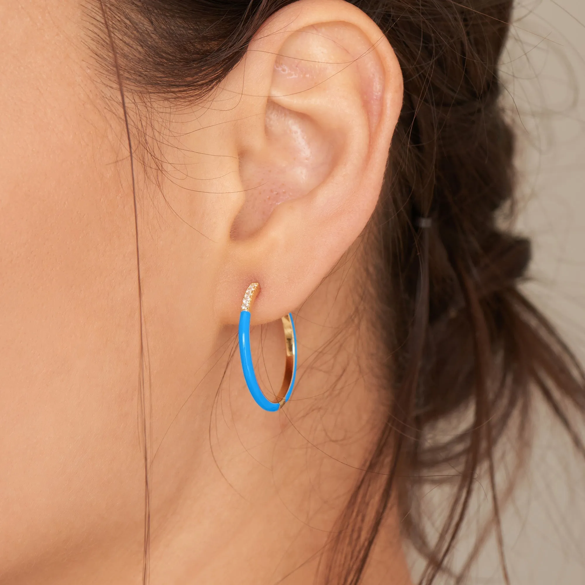 Neon Blue Enamel Gold Sparkle Hoop Earrings