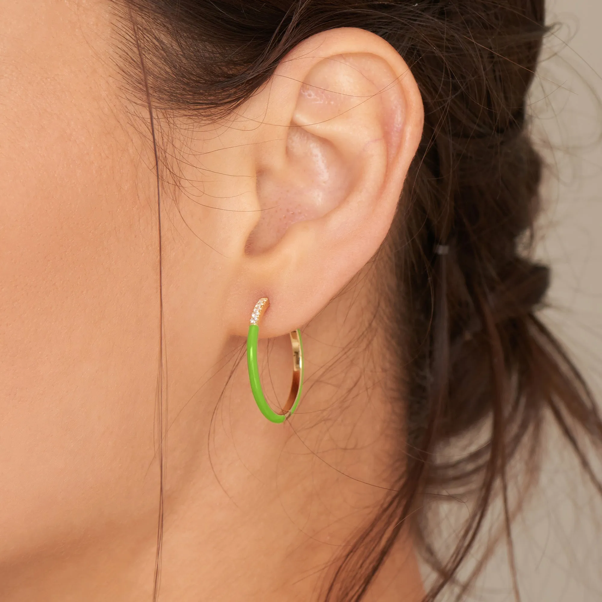 Neon Green Enamel Gold Sparkle Hoop Earrings