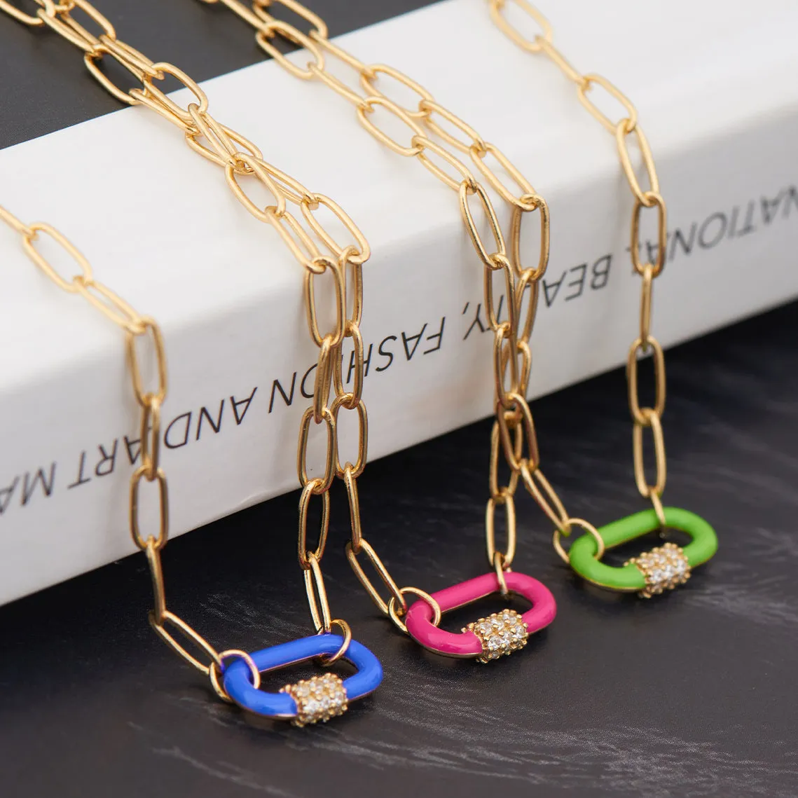 Neon Pink Enamel Carabiner Gold Necklace