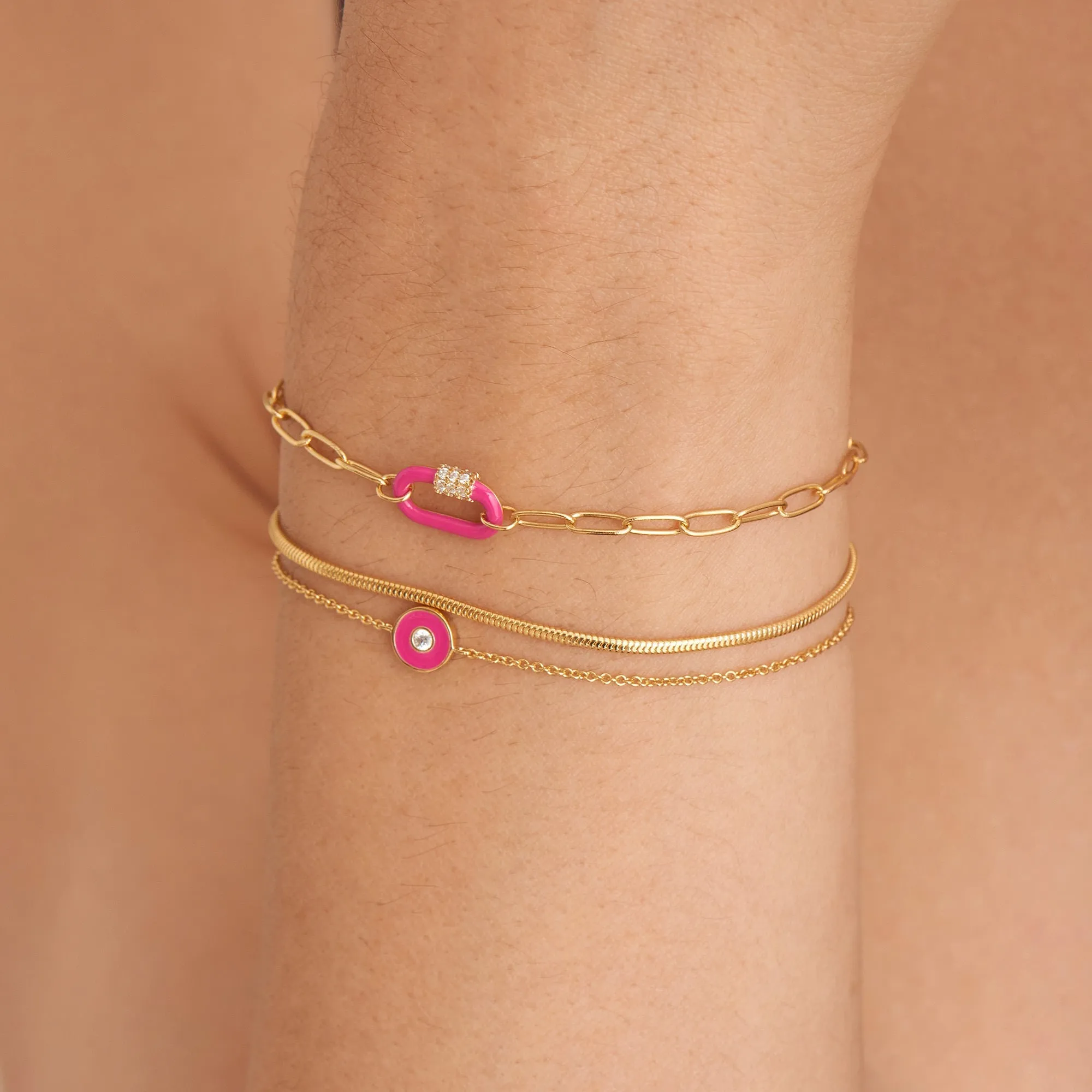 Neon Pink Enamel Disc Gold Bracelet