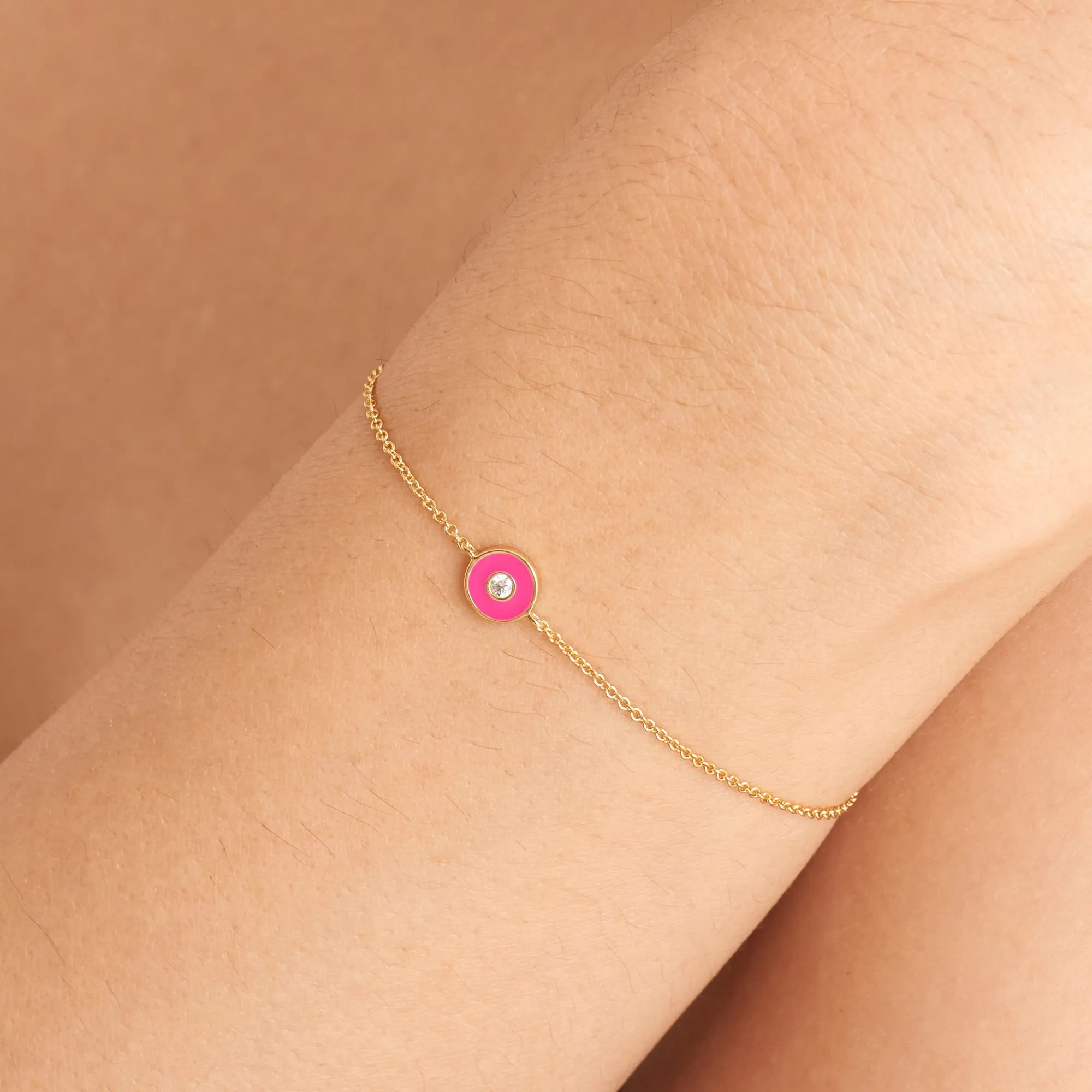 Neon Pink Enamel Disc Gold Bracelet