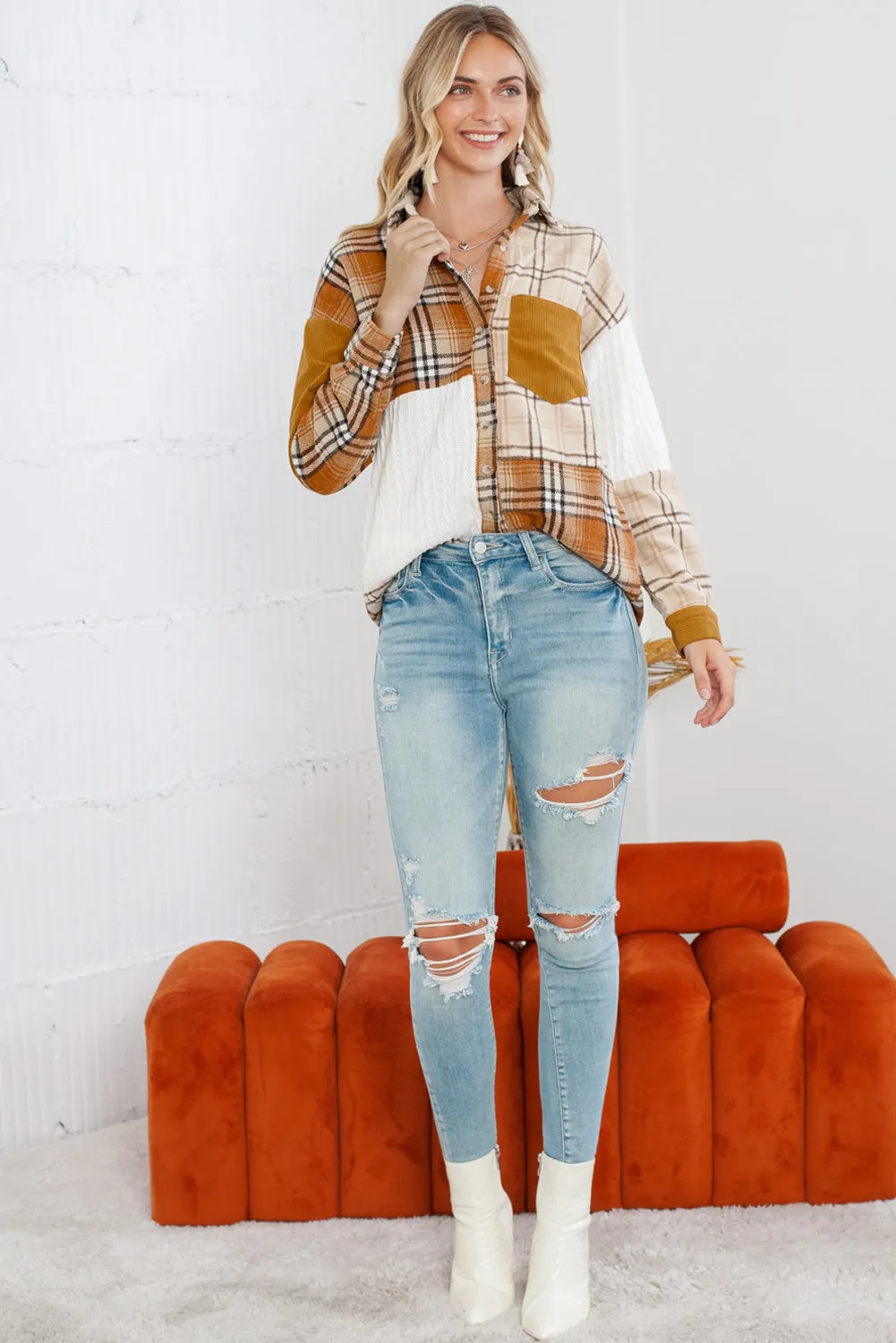 Orange Plaid Color Block Patchwork Pocket Shirt Shacket