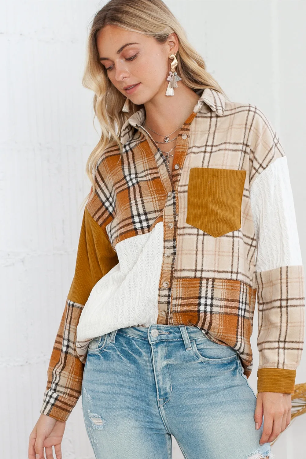 Orange Plaid Color Block Patchwork Pocket Shirt Shacket