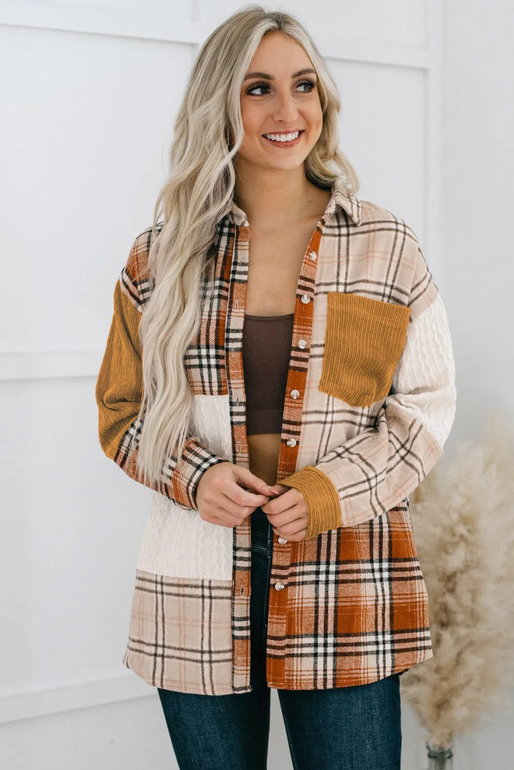 Orange Plaid Color Block Patchwork Pocket Shirt Shacket