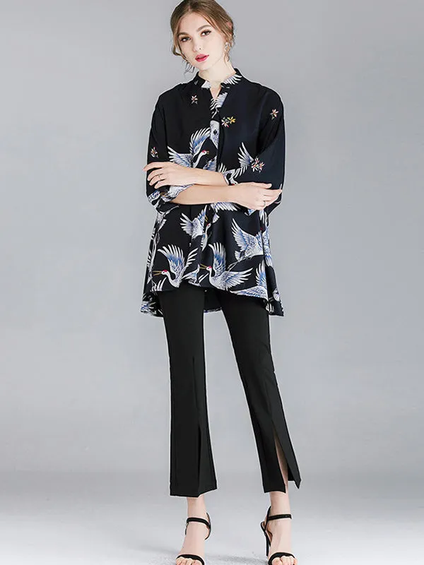 Original Crane Printed Buttoned Stand Collar Half Sleeves Blouse