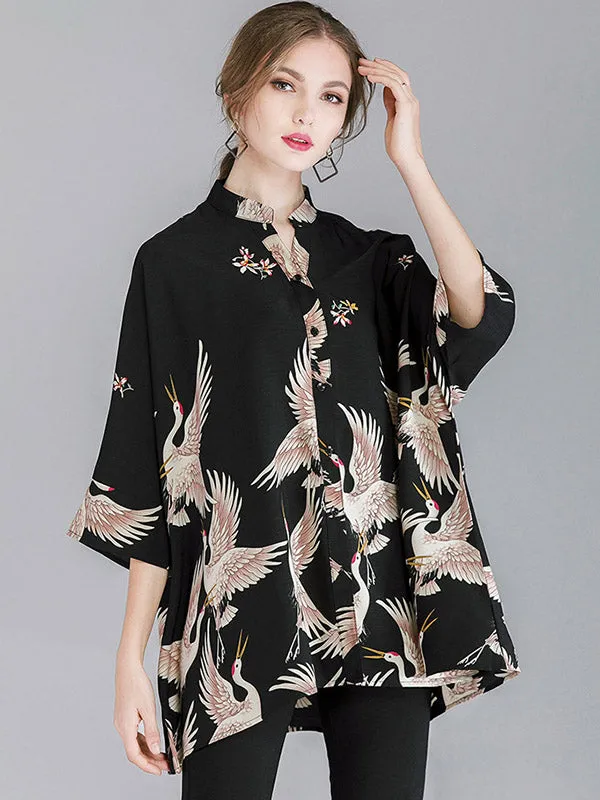 Original Crane Printed Buttoned Stand Collar Half Sleeves Blouse