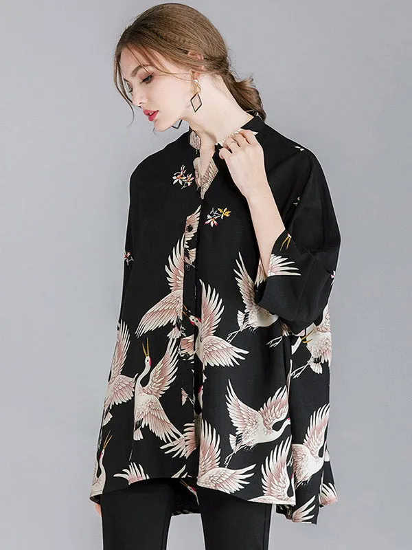 Original Crane Printed Buttoned Stand Collar Half Sleeves Blouse