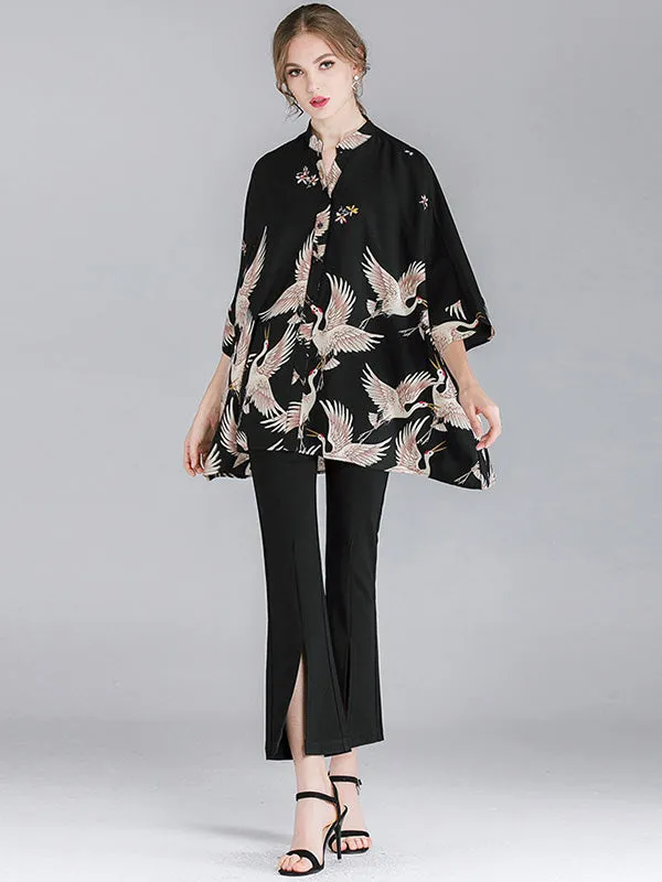 Original Crane Printed Buttoned Stand Collar Half Sleeves Blouse