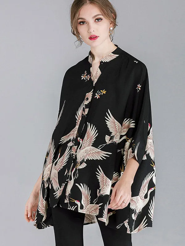 Original Crane Printed Buttoned Stand Collar Half Sleeves Blouse