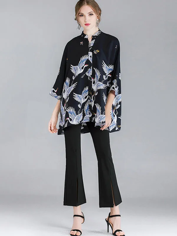 Original Crane Printed Buttoned Stand Collar Half Sleeves Blouse