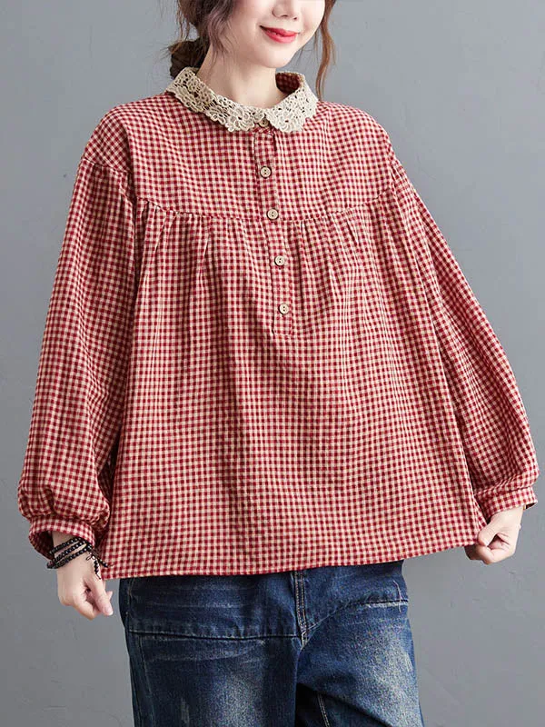 Plaid Ramie Cotton Plus Szie Long Sleeve Shirts