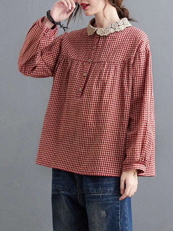 Plaid Ramie Cotton Plus Szie Long Sleeve Shirts