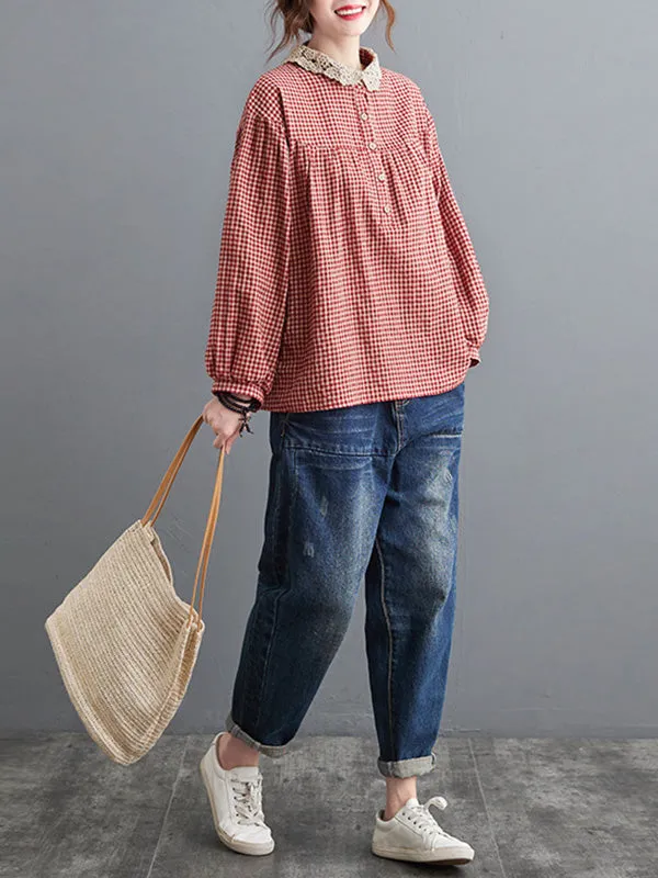 Plaid Ramie Cotton Plus Szie Long Sleeve Shirts