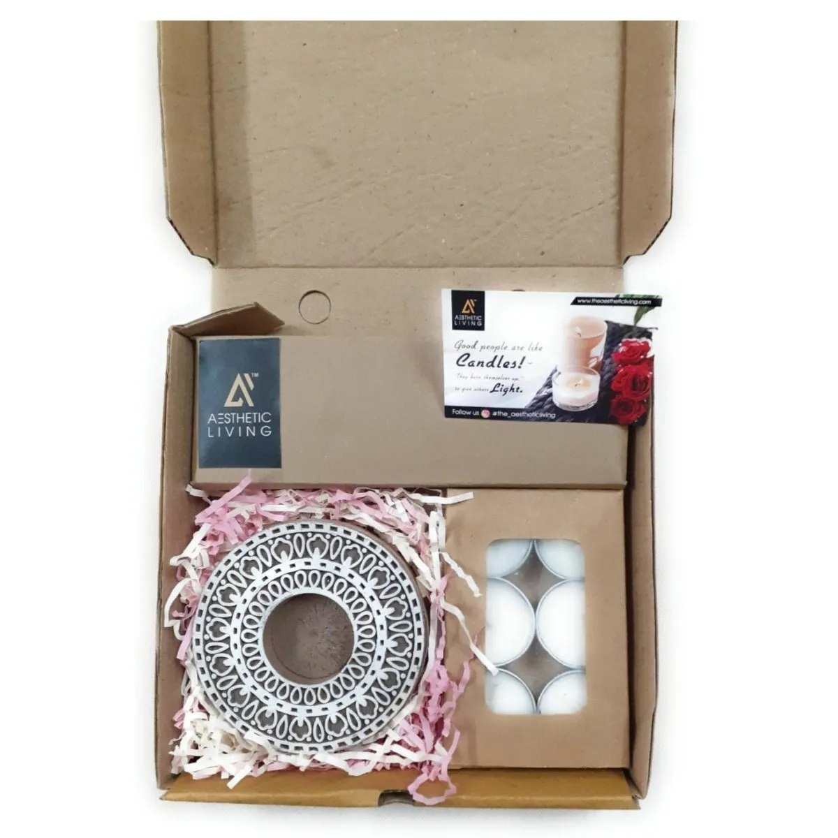 Rangoli Wooden T- Light Holder with a pack of 6 soywax t- light candles