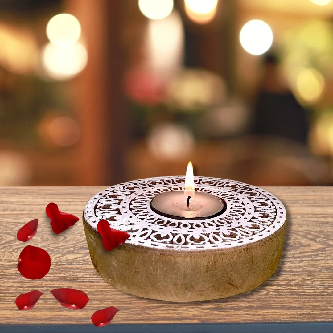 Rangoli Wooden T- Light Holder with a pack of 6 soywax t- light candles