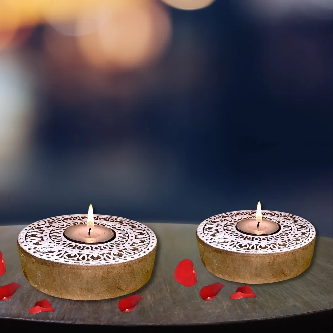 Rangoli Wooden T- Light Holder with a pack of 6 soywax t- light candles