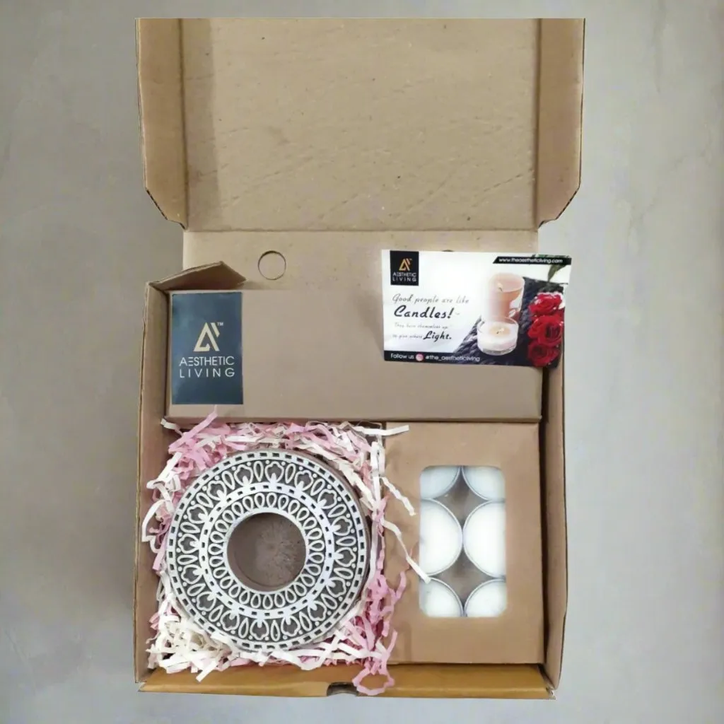 Rangoli Wooden T- Light Holder with a pack of 6 soywax t- light candles