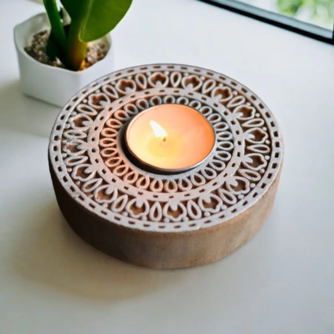 Rangoli Wooden T- Light Holder with a pack of 6 soywax t- light candles