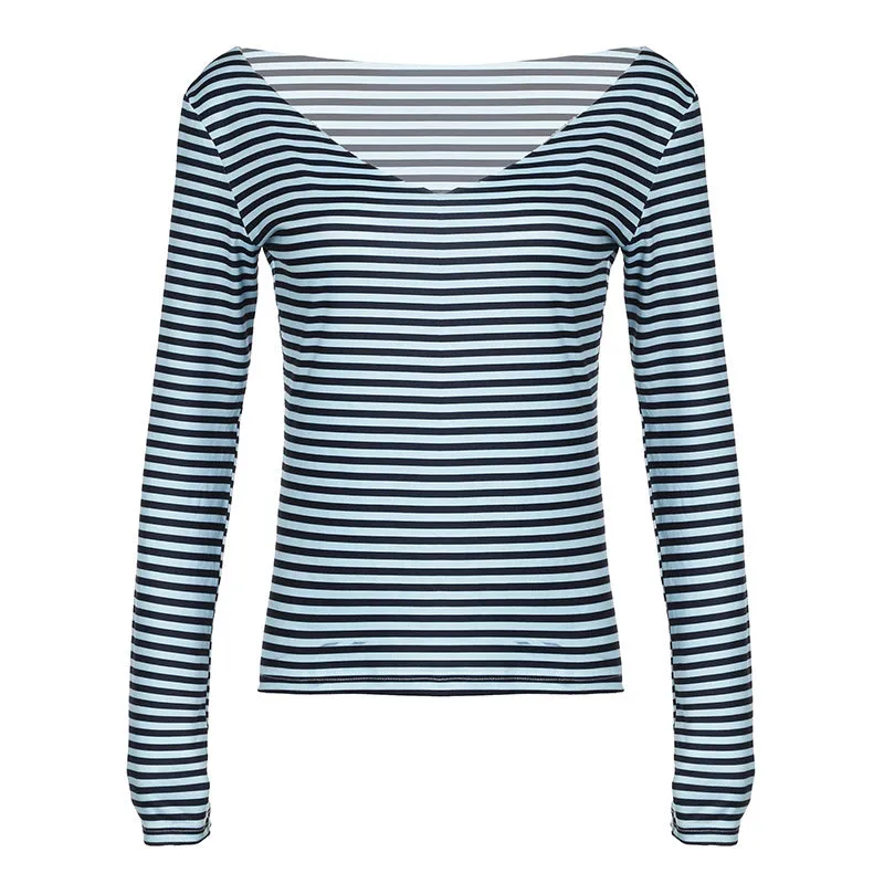 TAVIMART  -  Fall 2024 American Contrast Color Striped Printed Deep V-neck Long-Sleeved T-shirt Women's Retro Casual Pullover Top Women