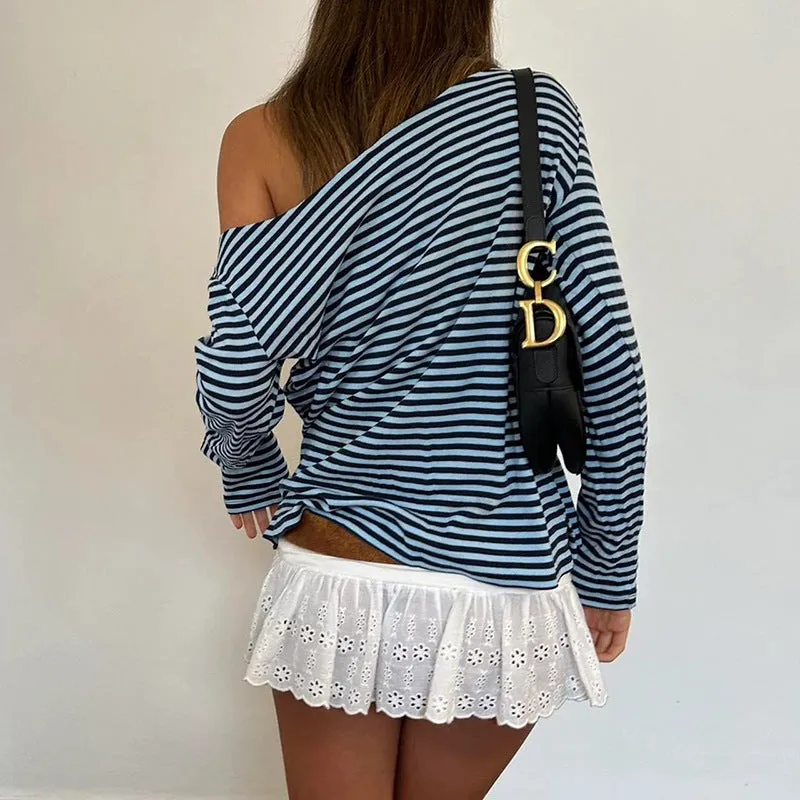 TAVIMART  -  Fall 2024 American Contrast Color Striped Printed Deep V-neck Long-Sleeved T-shirt Women's Retro Casual Pullover Top Women