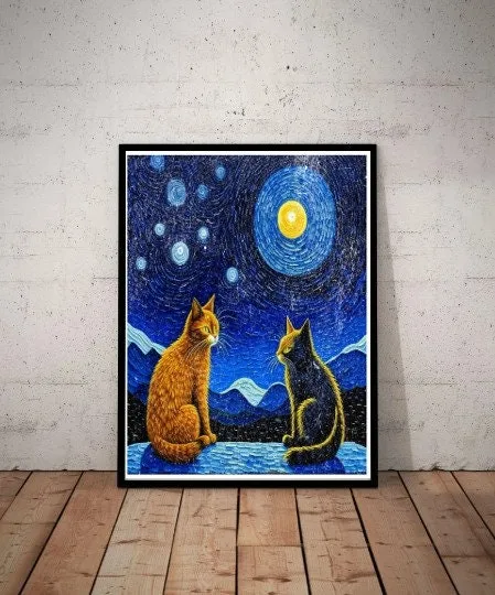 Vincent van Gogh - The Starry Night - 1889 - Famous Paintings - Vintage Art Poster with cats  t