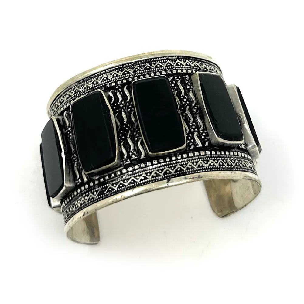 Womens Tribal Afghan Kuchi Engraved Oxidized Bold Statement Antique Turkman Cuff in Black Stone - Boho Trendy Baloch - Duel On Jewel